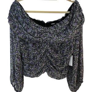 ASTR The Label Balloon Sleeve Purple Multi Floral Top XL Full Zip Back Shirred